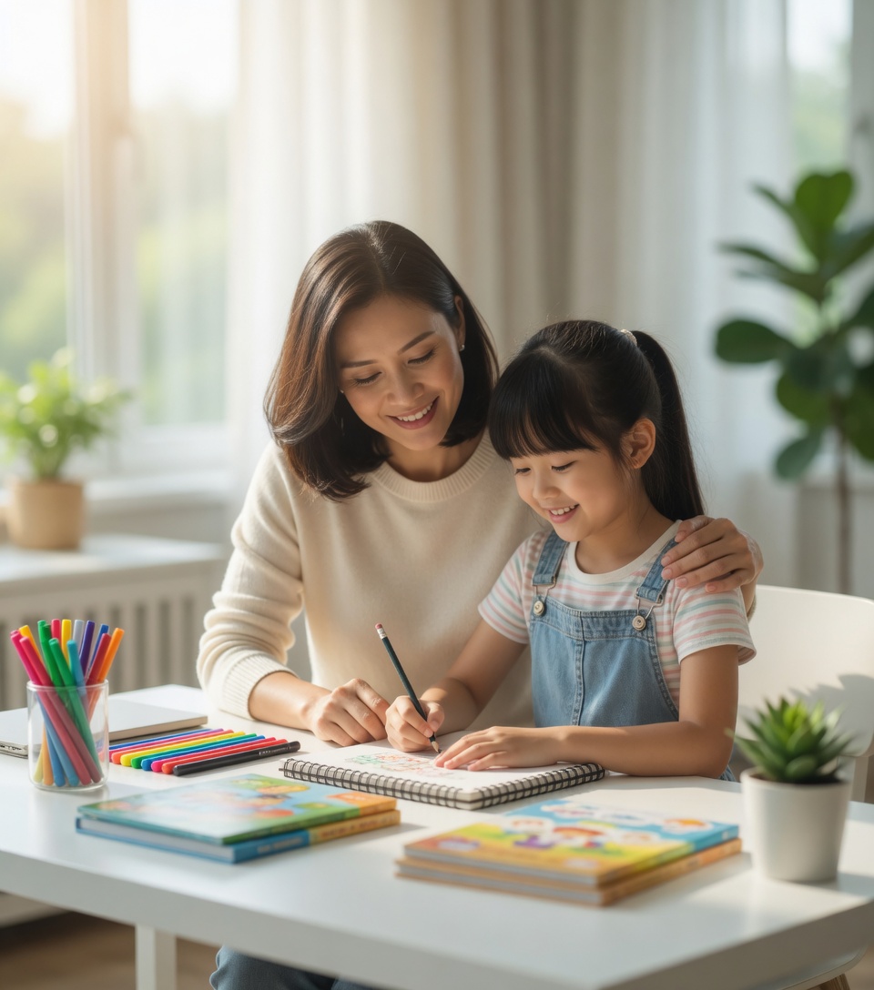 Parent and child reviewing learning material together
